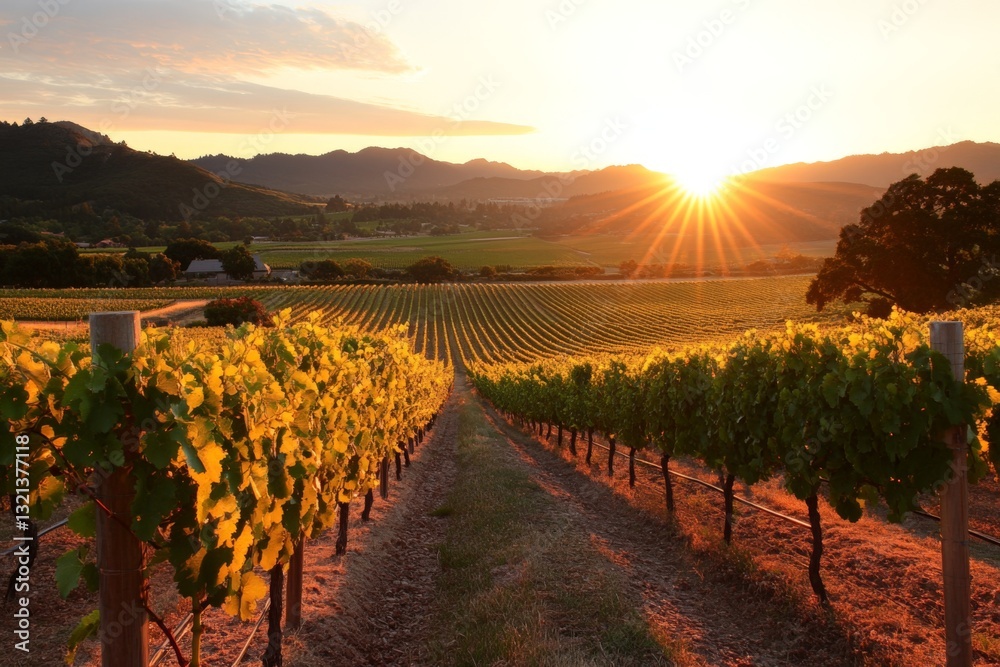 Fototapeta premium Sunset over vineyards in a tranquil landscape, highlighting the beauty of harvest time in the countryside