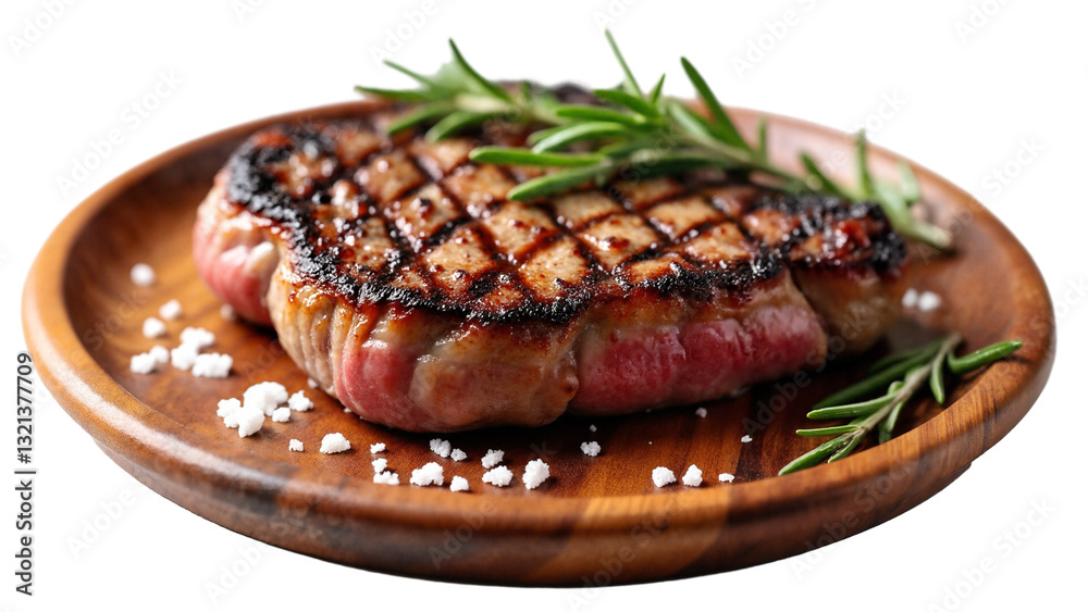 Deliciously Cooked Steak on Round Wooden Platter with Rosemary and Sea Salt, Isolated on Transparent Background for Culinary Use Deliciously Cooked Steak on Round Wooden Platter with Rosemary and Sea Salt, Isolated on Transparent Background for Culinary Use