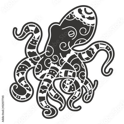 Intricate Octopus Illustration: A highly detailed illustration showcasing an octopus with elaborate, artistic patterns, perfect for adding a touch of artistic flair to any project. 
