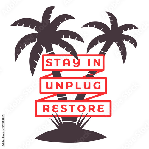 Island Getaway: A stylized image with palm trees that encourages relaxation, self-care, and rejuvenation through three key words.