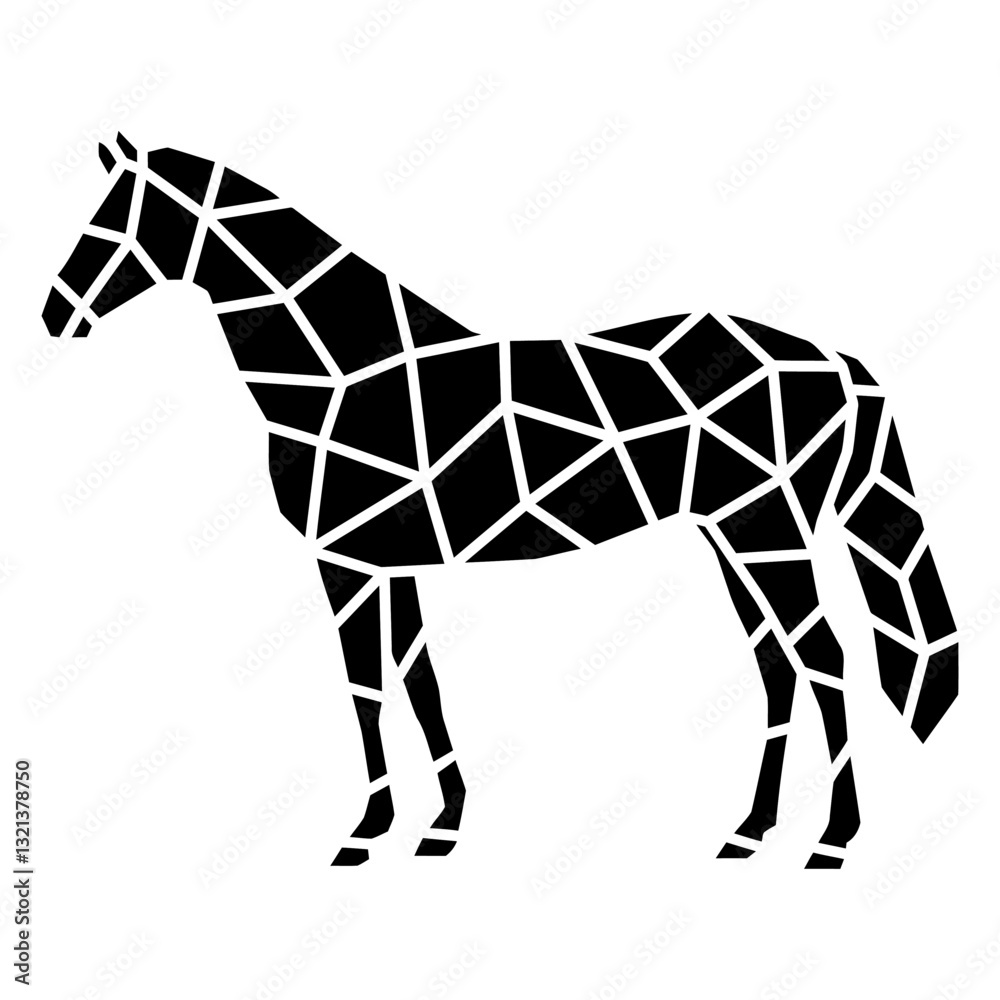Obraz premium Geometric Horse Silhouette: An artistic silhouette of a horse, crafted with a mosaic of geometric shapes, creating a striking monochrome image suitable for design and illustration.