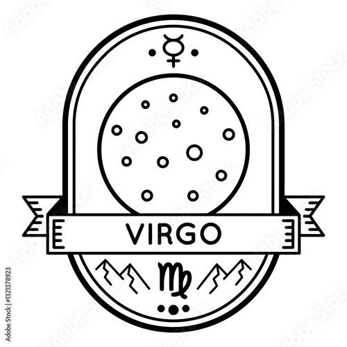 Virgo Zodiac Sign: A minimalist, intricate depiction of the Virgo astrological symbol, showcasing the constellation, emblem, and associated elements in a clean, linear style.