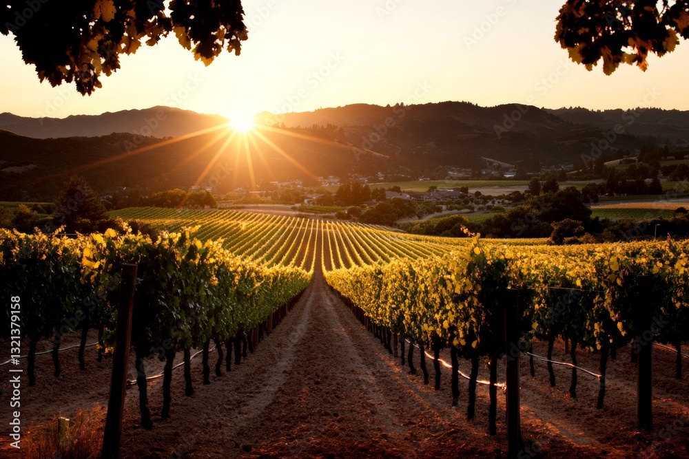 Naklejka premium Golden sunlight bathes the vineyard as rows of grapevines stretch towards the horizon at dusk in a scenic valley
