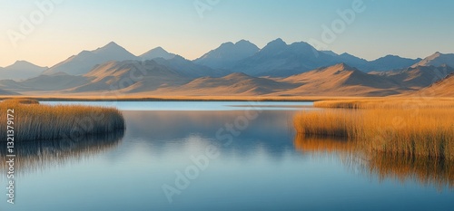 Idyllic mountain lake at dusk with golden reeds and blue water