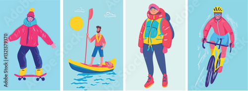 Set of fun hand drawn style outdoor sports vector design elements
