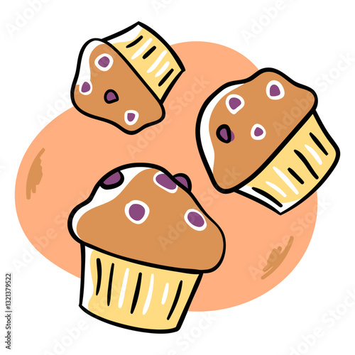 Delicious Delight: Artistic depiction of a trio of scrumptious blueberry muffins against a warm, inviting backdrop. The scene conveys an appealing visual feast. 