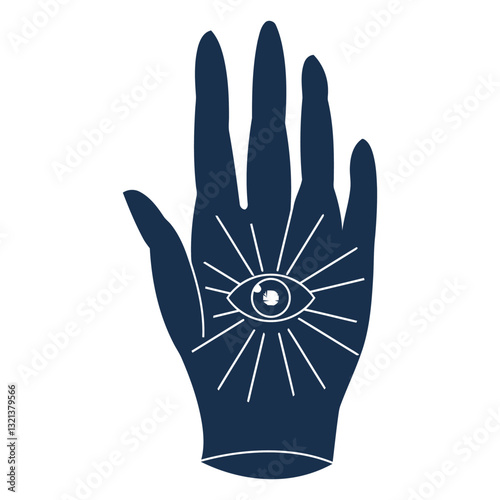 Symbolic Hand with Illuminating Eye: An artistic illustration showcases a stylized hand with a mesmerizing eye at its center, radiating an aura of spiritual insight and all-seeing perception.