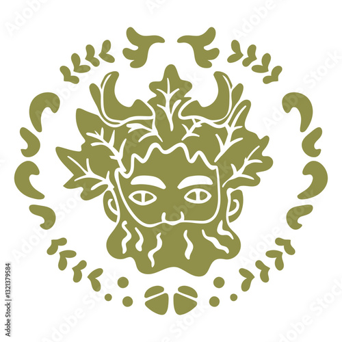 Nature's Guardian Icon: A stylized illustration of the Green Man, a symbolic representation of nature's vitality and renewal, enclosed within an ornate circular frame.