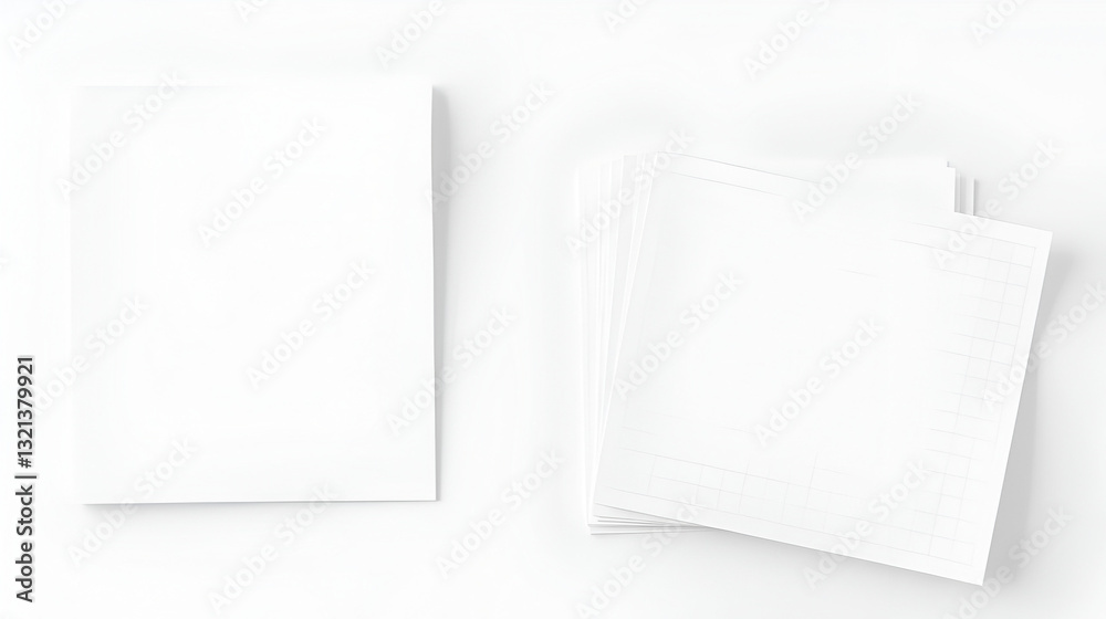 A minimalist composition of stacked white sheets of paper, including blank, lined, and graph paper, arranged on a neutral background. A minimalist composition of stacked white sheets of paper, including blank, lined, and graph paper, arranged on a neutral background.