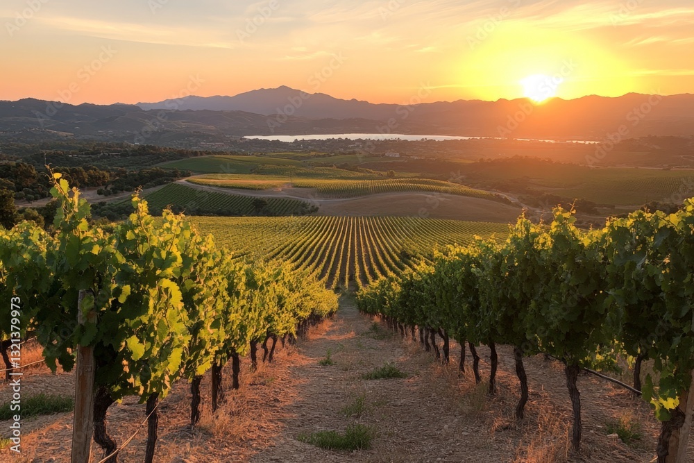 Fototapeta premium Sunset view over vineyard landscape with rows of grapevines and distant mountains