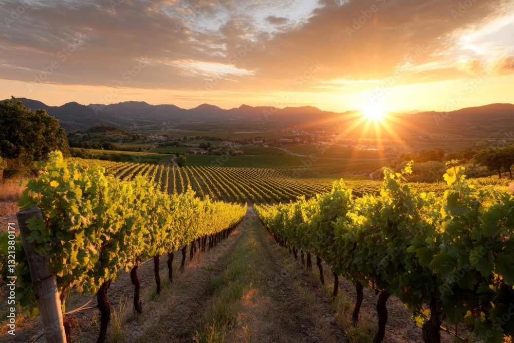 Fototapeta premium Sunset over lush vineyards in serene countryside capturing the essence of harvest season