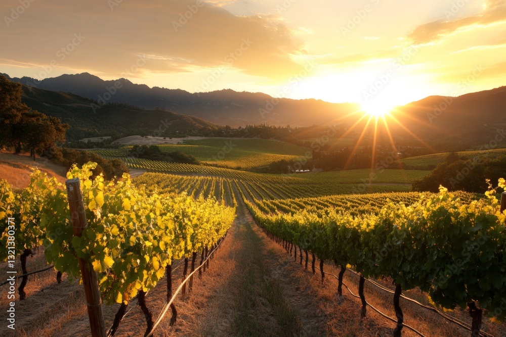 Naklejka premium Sunset views over a lush vineyard in California showcasing vineyard rows and mountain backdrop