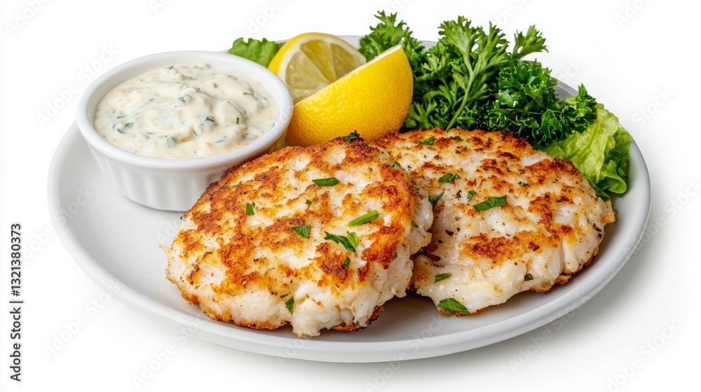 Food diversity international cultural. A delicious plate featuring golden crab cakes, accompanied by a lemon wedge, fresh greens, and a creamy dipping sauce. Food diversity international cultural. A delicious plate featuring golden crab cakes, accompanied by a lemon wedge, fresh greens, and a creamy dipping sauce.