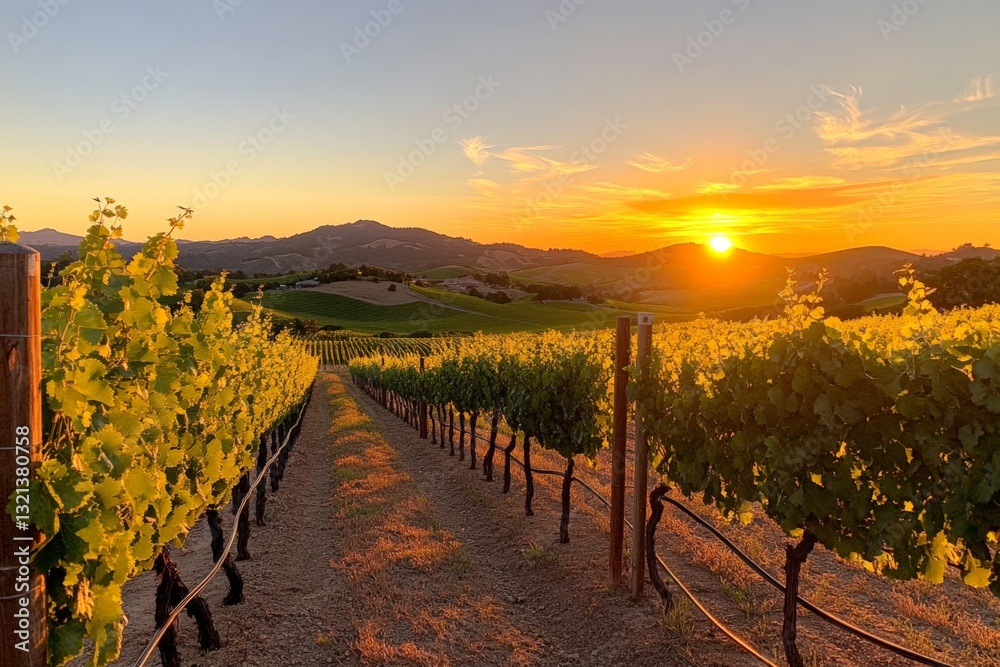 Fototapeta premium Sunset over lush vineyard rows in a serene countryside landscape