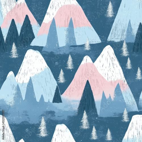 rustic winter mountain in pastel tone, seamless pattern repeat