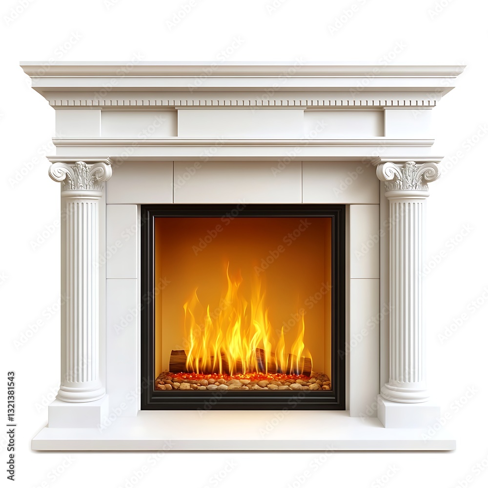 Elegant White Fireplace with Classic Columns and Flames Elegant White Fireplace with Classic Columns and Flames
