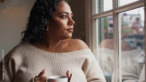Serene Reflection: A Hispanic Plus-Size Woman Gazing Out on a Rainy Day