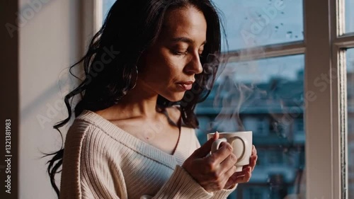 Serene Reflection: A Hispanic Plus-Size Woman Gazing Out on a Rainy Day