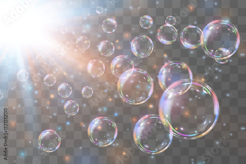 Soap bubbles on a transparent background with sun rays, vector illustration.EPS 10.