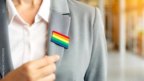 Workplace diversity equality growth concept. Business professional wearing a rainbow pin in a modern office setting.