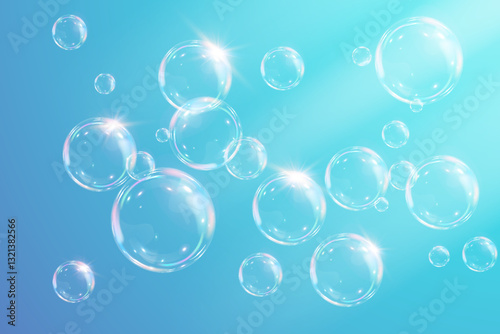 Blue background with realistic air bubbles. Ray from the sun. Rainbow soap bubbles on a transparent background.