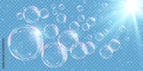 Air soap bubbles, light beam from the sun on a transparent background. Vector illustration.EPS 10.