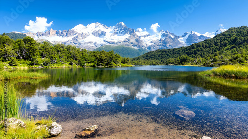 Serene mountain lake reflecting snow-capped peaks under a vibrant blue sky Lush greenery surrounds the crystal-clear wa
