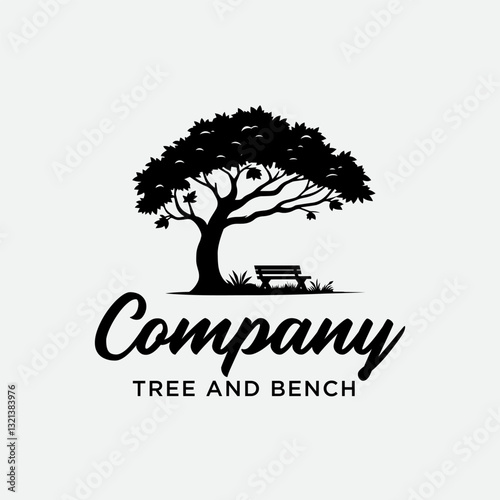 Silhouette tree and wood bench for park outdoor illustration logo design