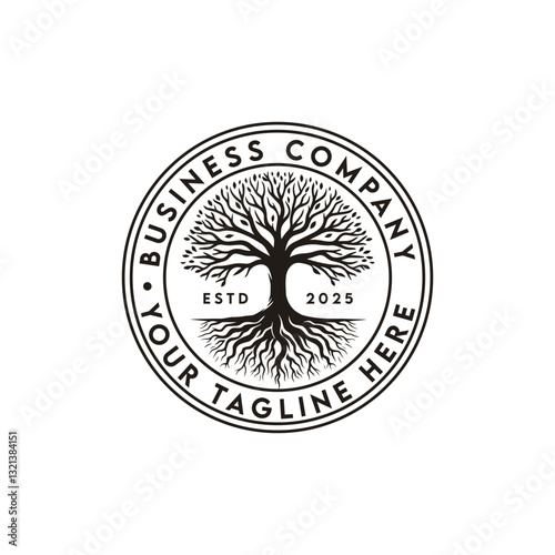 badge Tree of Life Oak Banyan Maple with root Stamp Seal Emblem Label logo design vector