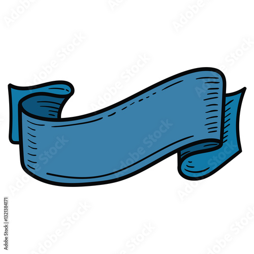 Hand drawn cartoon empty blue ribbon banner on white background.