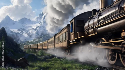 Historic steam locomotive travels through scenic mountains on a bright day