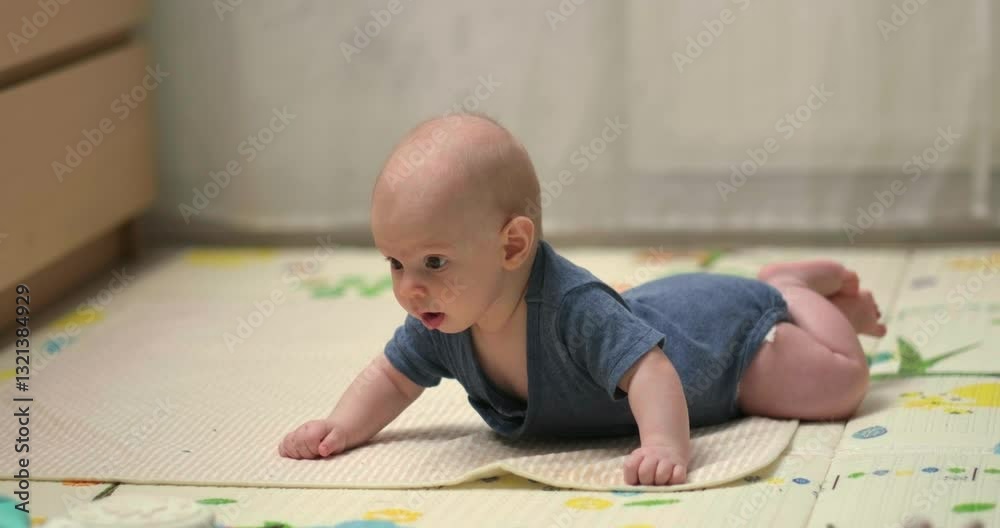 baby in a blue lies on their tummy on soft play mat, smiling while reaching toy, infant is learning to crawl, developing motor skills and coordination, early childhood, home playtime, baby growth