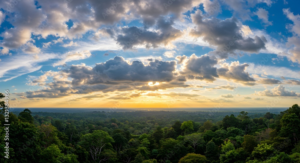 Obraz premium Spectacular View of a Tropical Rainforest at Sunset with Cloudy Sky