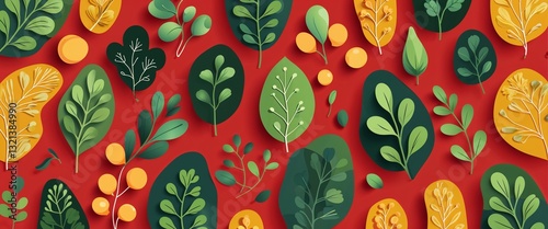 mustard greens pattern on red plain background digital abstract art work illustration design