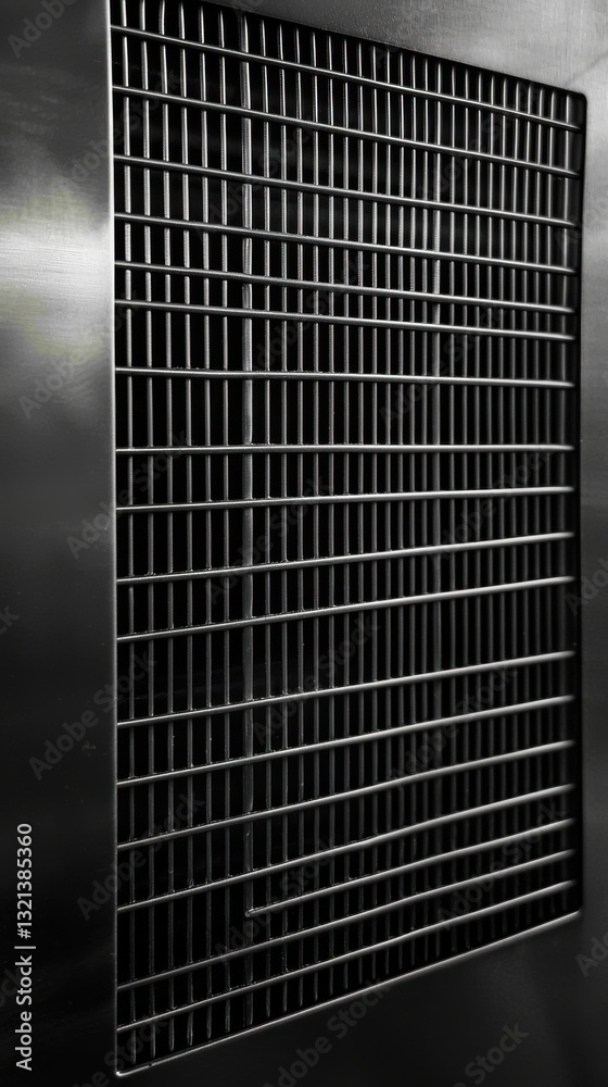 Intricately designed metal grid embedded in a wall creating a unique industrial aesthetic Intricately designed metal grid embedded in a wall creating a unique industrial aesthetic