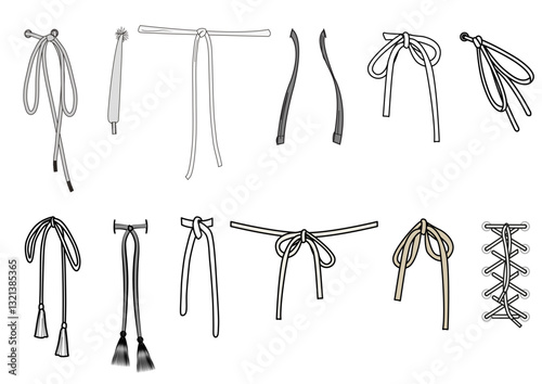 DRAWSTRING CORD FLAT SKETCH SET OF DRAW STRING WITH AGLETS FOR WAIST BAND, BAGS, SHOES, JACKETS, SHORTS, PANTS, DRESS GARMENTS, DRAWCORD AGLETS FOR CLOTHING AND ACCESSORIES VECTOR