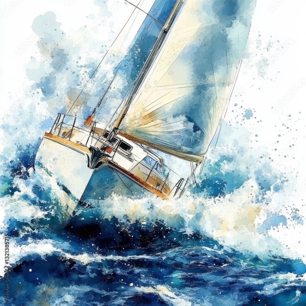 Obraz premium A sailboat cuts through turbulent blue water, its white sails full, creating a dynamic watercolor style image. Ocean spray and waves add to the energetic scene.