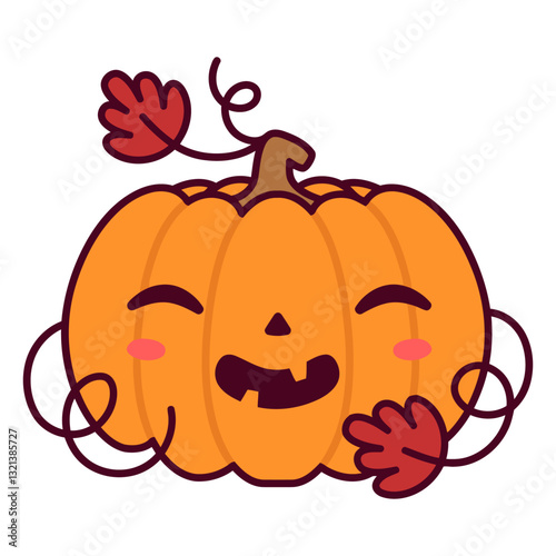 Cute Jack-o'-Lantern: A friendly, cartoon-style jack-o'-lantern smiles sweetly, embracing the spirit of autumn and Halloween. Its cheerful expression, with cute hands and leaves.