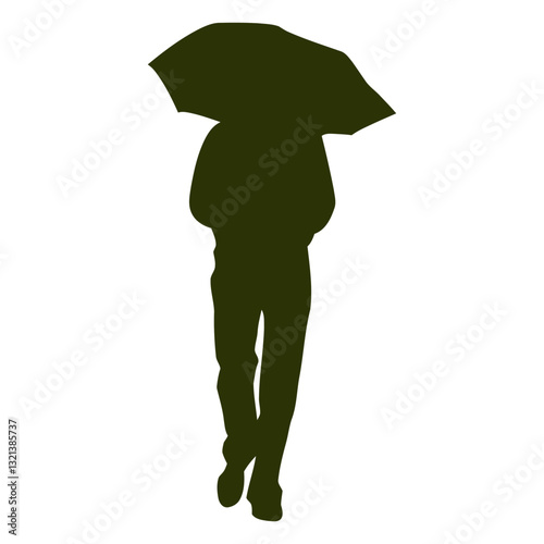 Silhouette's Serenade: A solitary silhouette, hooded and cloaked under an umbrella, traverses a stark, isolated street.