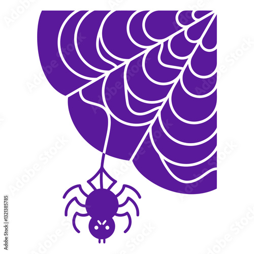 Spider and Web: A vector illustration depicts a cartoon spider suspended from a meticulously crafted web in a vivid purple hue, perfectly capturing the essence of Halloween and spooky aesthetics.