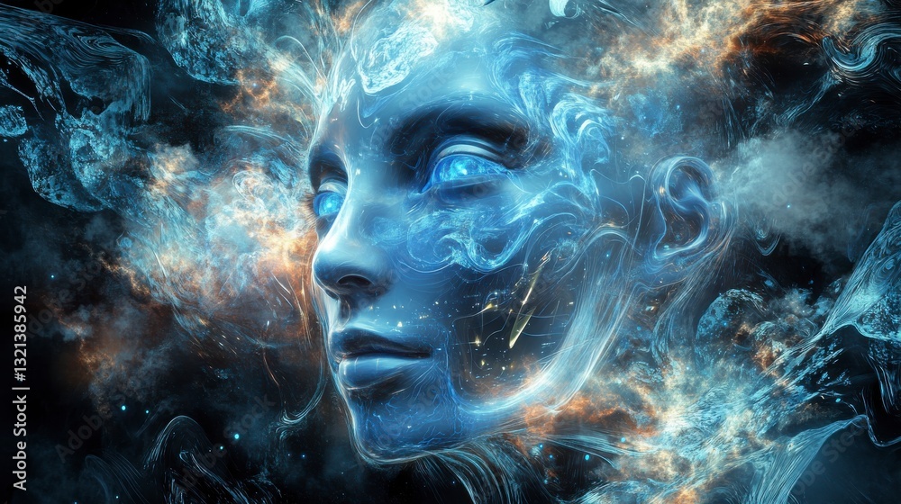 Serene Cosmic Portrait Ethereal Female Face in Glowing Nebula Serene Cosmic Portrait Ethereal Female Face in Glowing Nebula