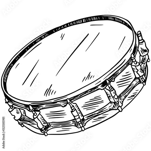 Musical Rhythm: A monochrome illustration of a snare drum, capturing the essence of percussion and the heartbeat of rhythm.