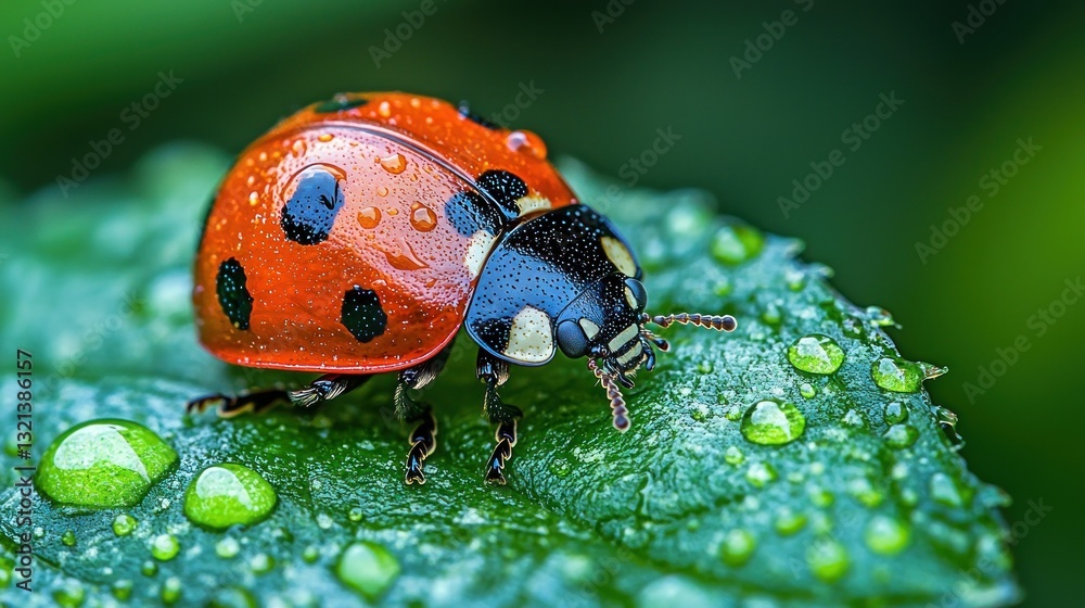 Naklejka premium Ladybug on a dewy leaf