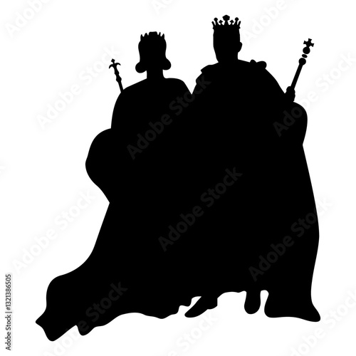 Royal Silhouette: The silhouette of a royal couple. A silhouette of a king and queen adorned in regal attire. The royal couple, an emperor and empress, stand side by side.