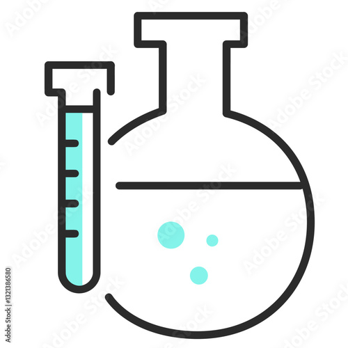 Science Lab Icons: An eye-catching illustration of a science lab, with a round-bottom flask and a test tube, filled with a clear solution and tiny bubbles.