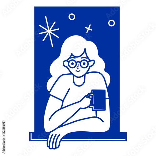 Window Serenity: A whimsical illustration captures a woman with glasses gazing from a window, holding a mug under a night sky dotted with stars, embodies peace and tranquility.