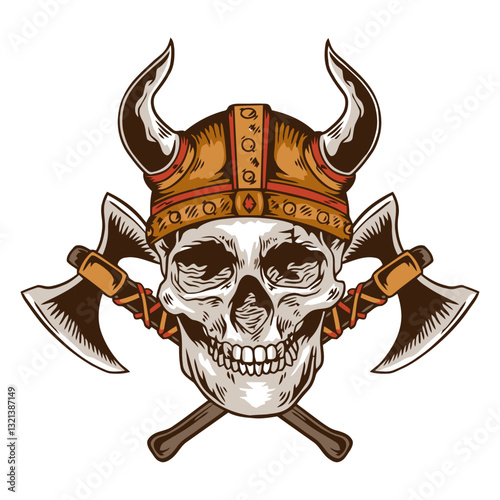 Viking Skull Emblem: A detailed illustration depicts a formidable Viking skull, adorned with a horned helmet and crossed axes.