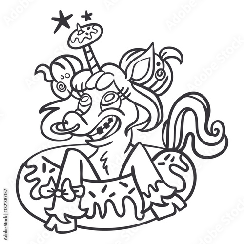 Dazzling Unicorn Cartoon: A whimsical unicorn cartoon floats cheerfully in a donut-shaped inflatable, the line art style giving a unique touch.