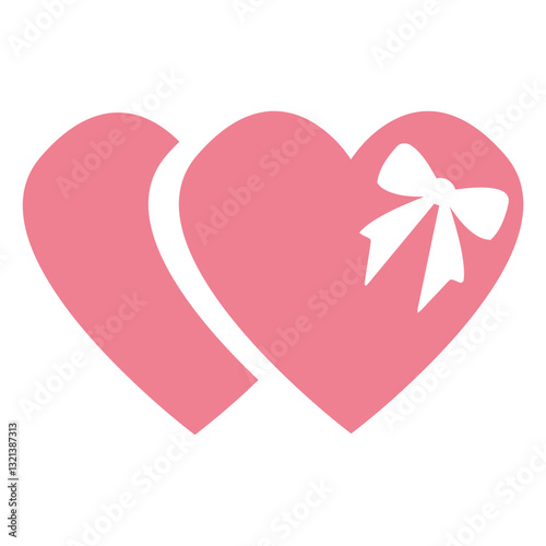 Linked Hearts: Two elegant pink hearts, one gracefully adorned with a pristine bow, symbolize the bonds of love, gift-giving, and affectionate connection against a backdrop of pure white. 
