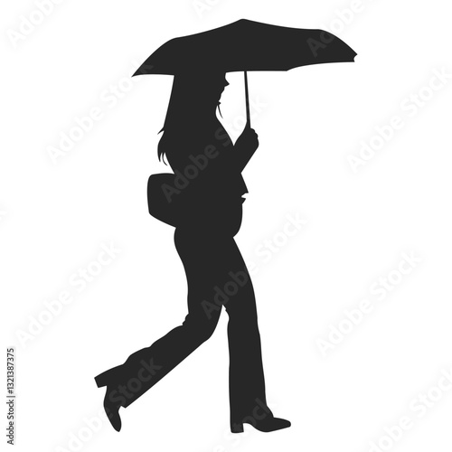 Silhouette of a Woman with Umbrella: A silhouette of a woman gracefully strides, shielded by an umbrella, painting a picture of everyday life and urban elegance.